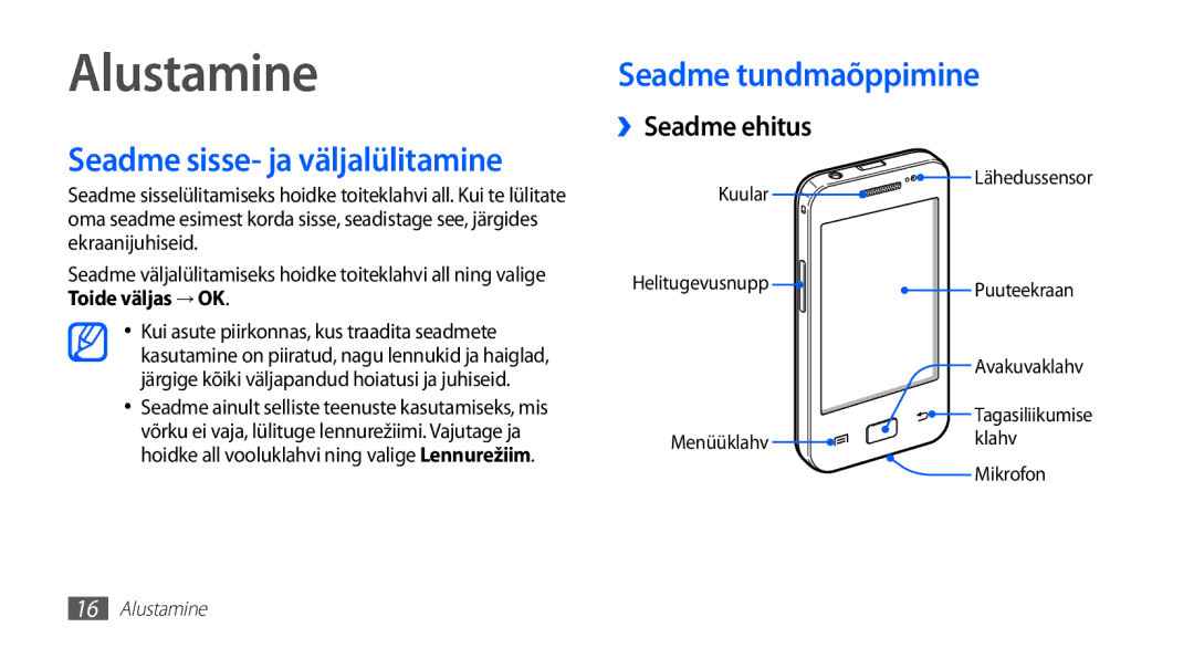 Samsung GT-S5830UWZSEB manual Alustamine, Seadme sisse- ja väljalülitamine, Seadme tundmaõppimine, ››Seadme ehitus 