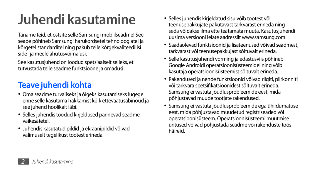 Samsung GT-S5830UWZSEB, GT-S5830OKISEB manual Juhendi kasutamine, Teave juhendi kohta 