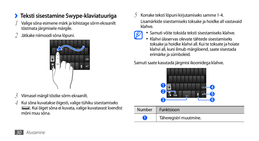 Samsung GT-S5830UWZSEB ››Teksti sisestamine Swype-klaviatuuriga, Tõstmata järgmisele märgile, Jätkake niimoodi sõna lõpuni 