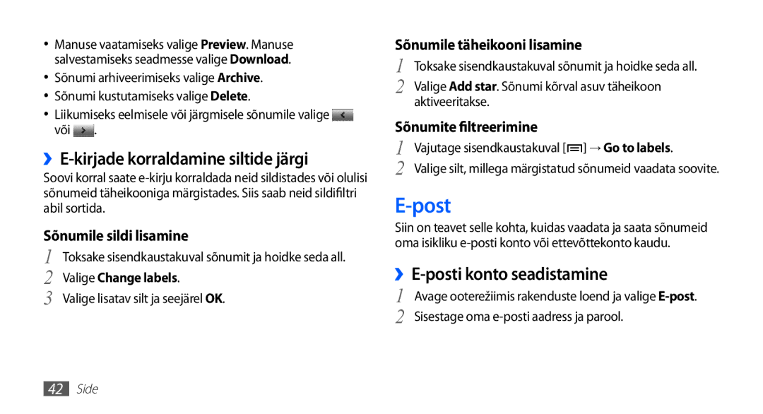 Samsung GT-S5830UWZSEB Post, ››E-kirjade korraldamine siltide järgi, ››E-posti konto seadistamine, Valige Change labels 