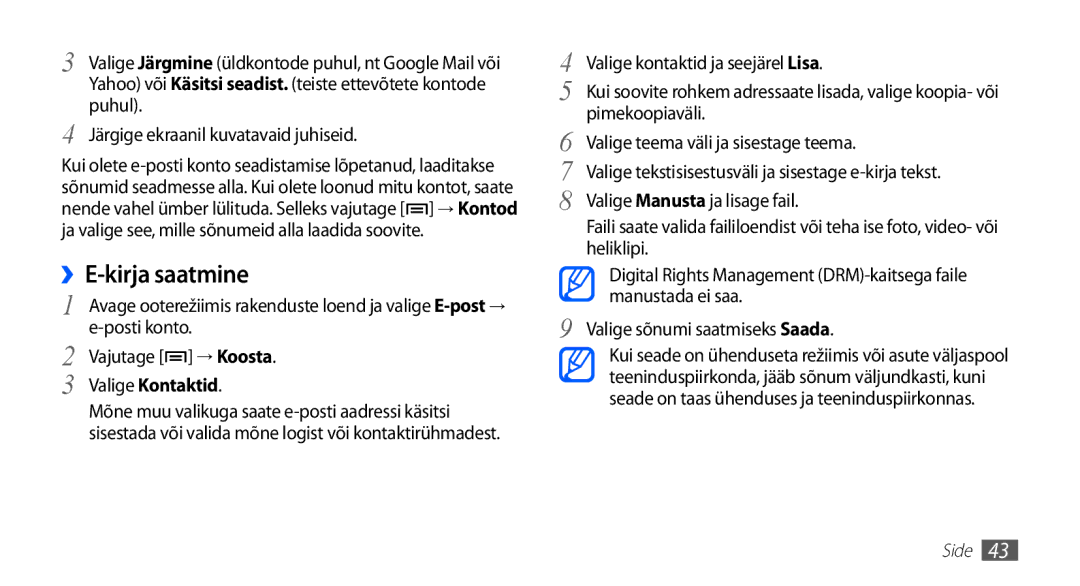 Samsung GT-S5830OKISEB manual Puhul, Järgige ekraanil kuvatavaid juhiseid, Posti konto, Vajutage → Koosta, Valige Kontaktid 