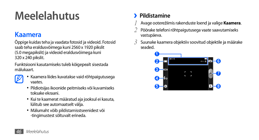 Samsung GT-S5830UWZSEB, GT-S5830OKISEB manual Meelelahutus, Kaamera, ››Pildistamine, Seaded 