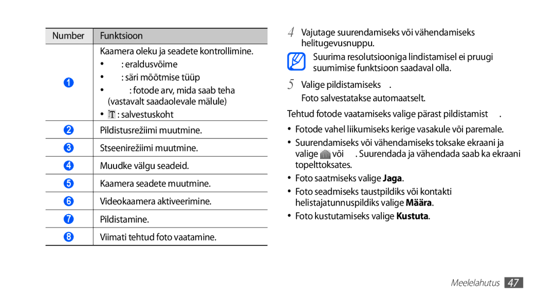 Samsung GT-S5830OKISEB manual Valige pildistamiseks Foto salvestatakse automaatselt, Foto kustutamiseks valige Kustuta 