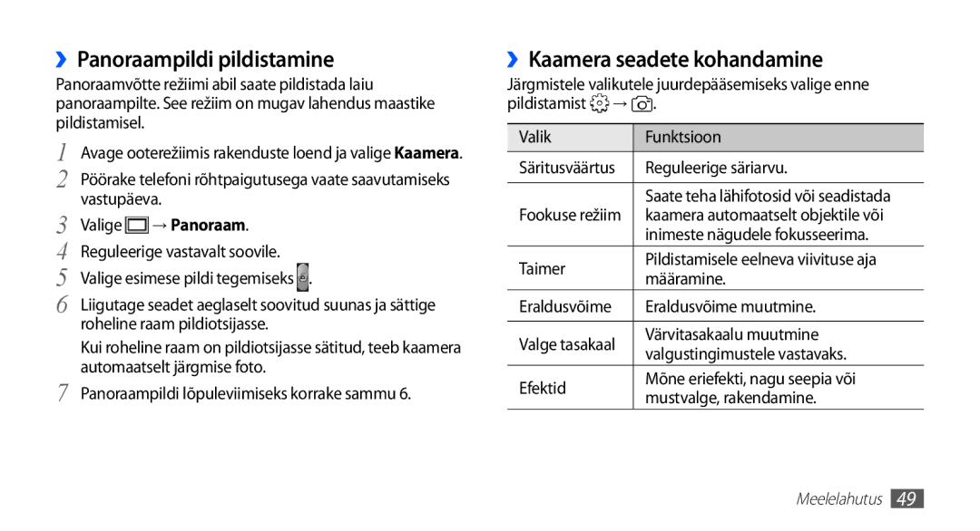 Samsung GT-S5830OKISEB, GT-S5830UWZSEB manual ››Panoraampildi pildistamine, ››Kaamera seadete kohandamine, → Panoraam 