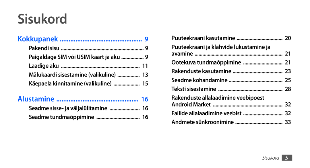 Samsung GT-S5830OKISEB, GT-S5830UWZSEB manual Sisukord, Rakenduste allalaadimine veebipoest 