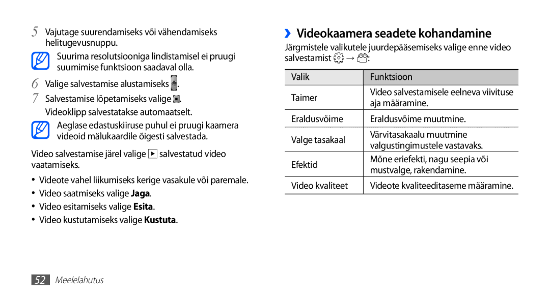 Samsung GT-S5830UWZSEB, GT-S5830OKISEB manual ››Videokaamera seadete kohandamine 