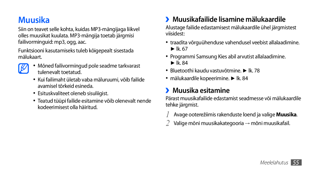 Samsung GT-S5830OKISEB, GT-S5830UWZSEB manual ››Muusikafailide lisamine mälukaardile, ››Muusika esitamine 