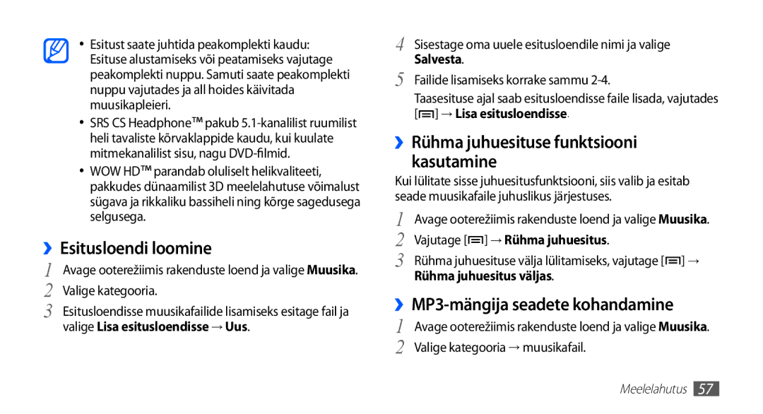 Samsung GT-S5830OKISEB, GT-S5830UWZSEB manual ››Esitusloendi loomine, ››Rühma juhuesituse funktsiooni kasutamine, Salvesta 