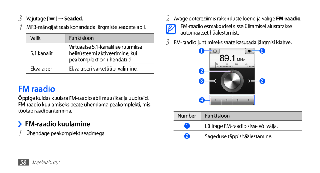 Samsung GT-S5830UWZSEB, GT-S5830OKISEB manual FM raadio, ››FM-raadio kuulamine, → Seaded 