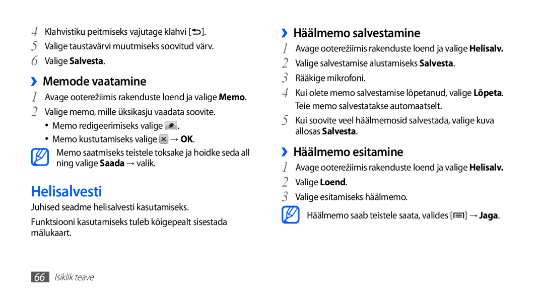 Samsung GT-S5830UWZSEB, GT-S5830OKISEB manual Helisalvesti, ››Memode vaatamine, ››Häälmemo salvestamine 