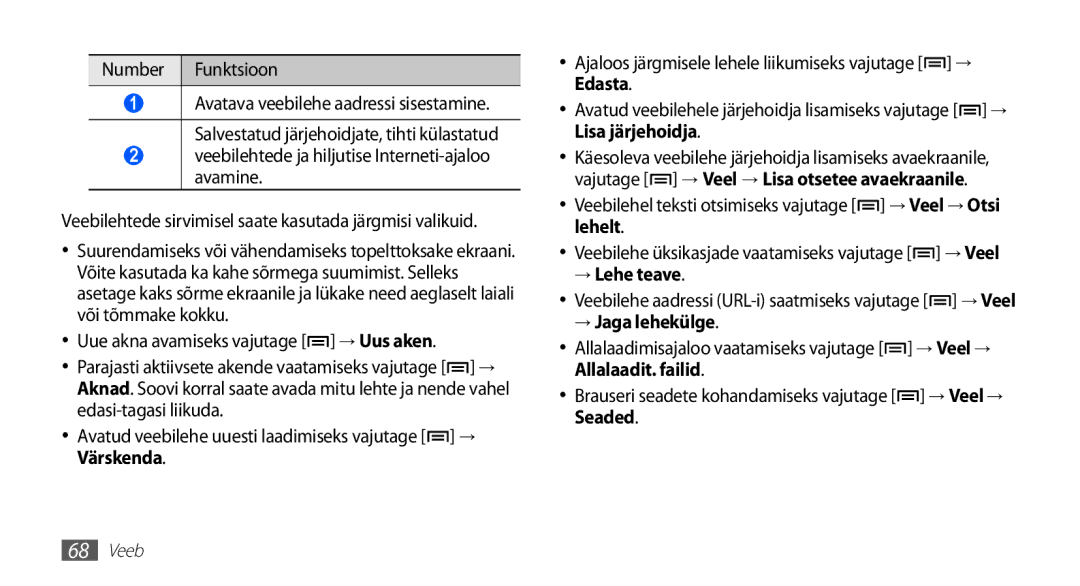 Samsung GT-S5830UWZSEB manual → Lehe teave, → Jaga lehekülge, Brauseri seadete kohandamiseks vajutage → Veel → Seaded 