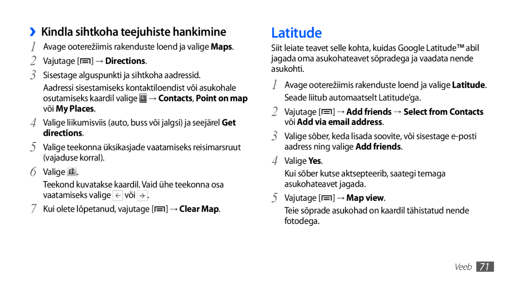 Samsung GT-S5830OKISEB, GT-S5830UWZSEB manual Latitude, ››Kindla sihtkoha teejuhiste hankimine 