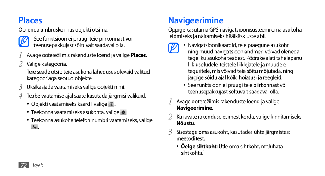 Samsung GT-S5830UWZSEB, GT-S5830OKISEB manual Places, Navigeerimine 