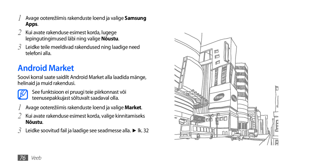 Samsung GT-S5830UWZSEB, GT-S5830OKISEB manual Android Market, Apps, Kui avate rakenduse esimest korda, lugege, Telefoni alla 