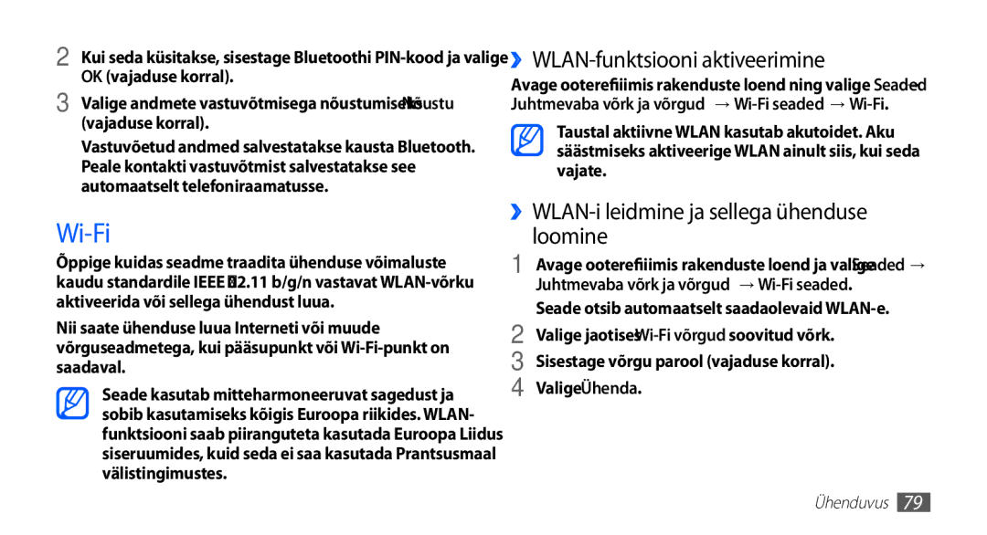 Samsung GT-S5830OKISEB manual Wi-Fi, ››WLAN-funktsiooni aktiveerimine, ››WLAN-i leidmine ja sellega ühenduse loomine 