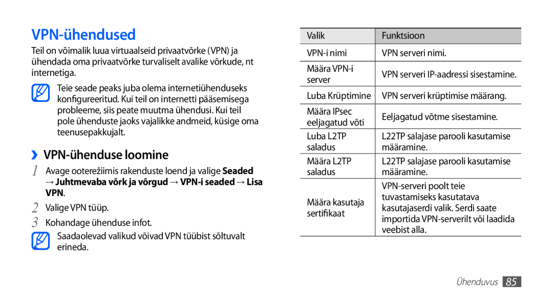 Samsung GT-S5830OKISEB manual VPN-ühendused, ››VPN-ühenduse loomine, → Juhtmevaba võrk ja võrgud → VPN-i seaded → Lisa VPN 