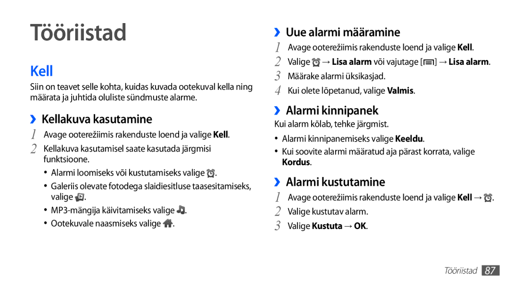 Samsung GT-S5830OKISEB, GT-S5830UWZSEB manual Tööriistad, Kell 