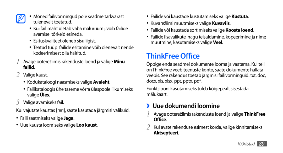 Samsung GT-S5830OKISEB, GT-S5830UWZSEB manual ThinkFree Office, ››Uue dokumendi loomine, Aktsepteeri 