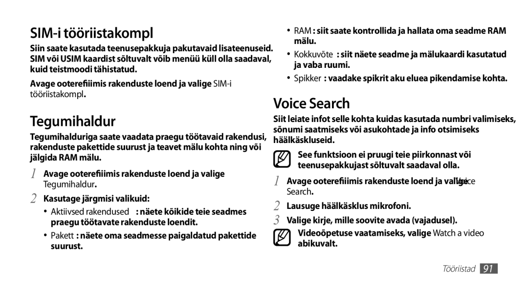 Samsung GT-S5830OKISEB, GT-S5830UWZSEB manual SIM-i tööriistakompl, Tegumihaldur, Voice Search 