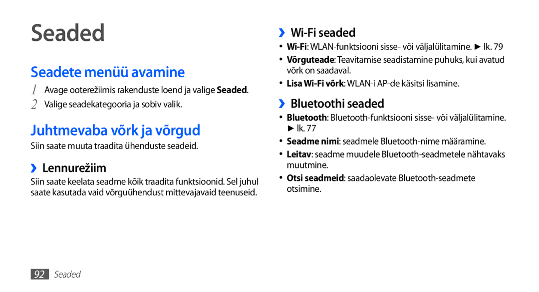 Samsung GT-S5830UWZSEB, GT-S5830OKISEB manual Seaded, Seadete menüü avamine, Juhtmevaba võrk ja võrgud 