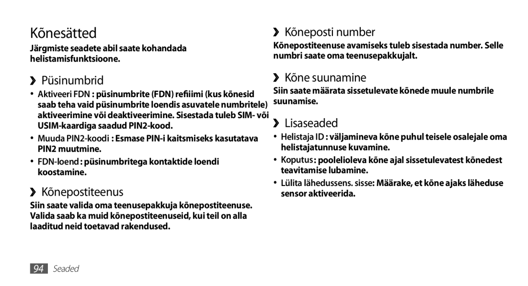 Samsung GT-S5830UWZSEB, GT-S5830OKISEB manual Kõnesätted 