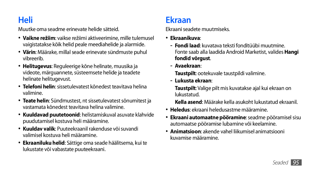 Samsung GT-S5830OKISEB, GT-S5830UWZSEB manual Heli, Ekraanikuva, Avaekraan, Lukusta ekraan 