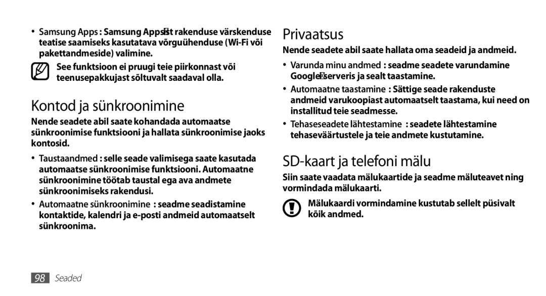 Samsung GT-S5830UWZSEB, GT-S5830OKISEB manual Kontod ja sünkroonimine, Privaatsus, SD-kaart ja telefoni mälu 