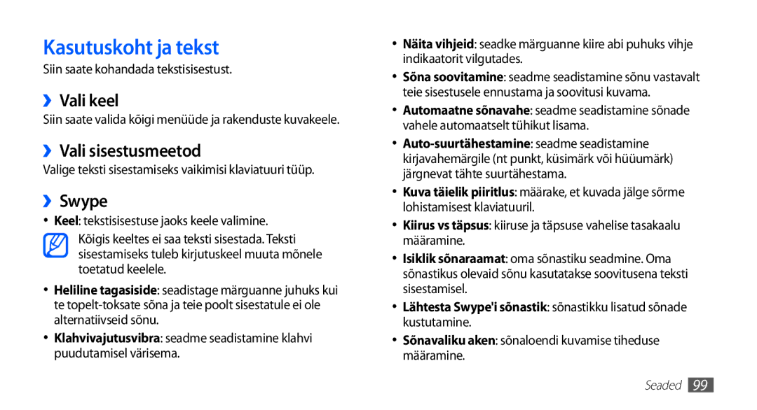 Samsung GT-S5830OKISEB, GT-S5830UWZSEB manual Kasutuskoht ja tekst, ››Vali keel, ››Vali sisestusmeetod, ››Swype 