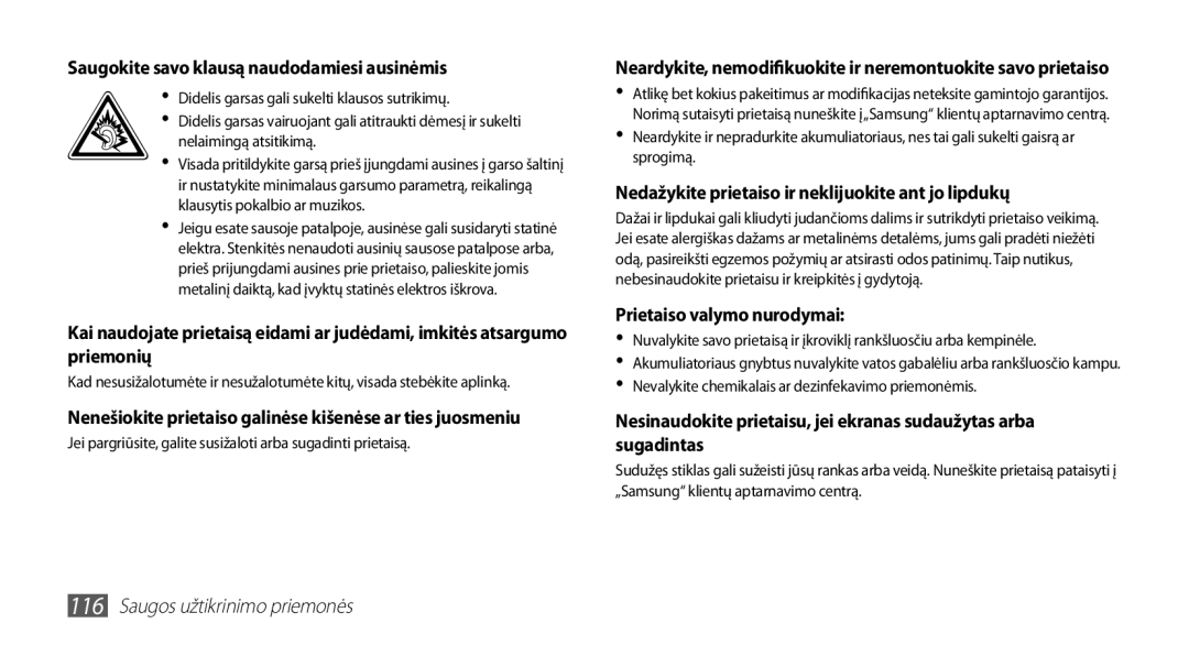 Samsung GT-S5830UWZSEB, GT-S5830OKISEB manual Saugokite savo klausą naudodamiesi ausinėmis 