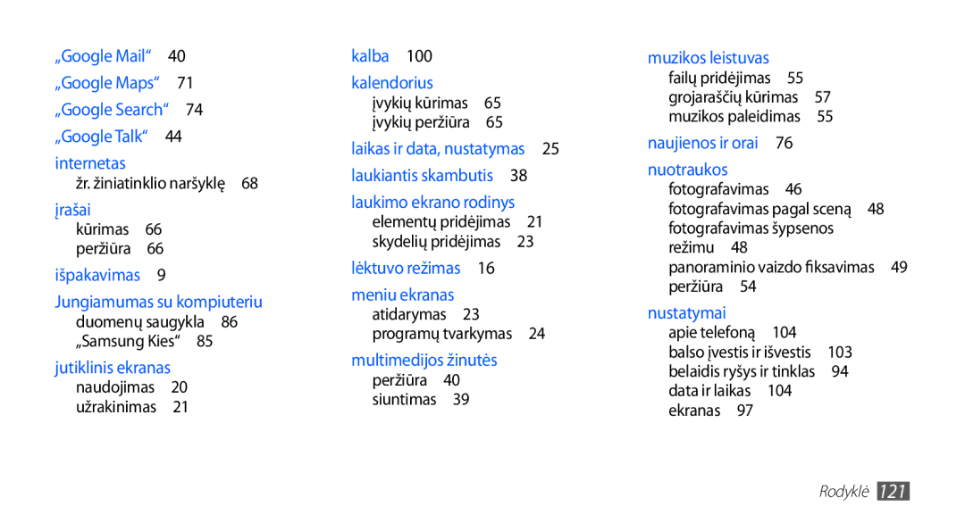 Samsung GT-S5830OKISEB, GT-S5830UWZSEB manual Žr. žiniatinklio naršyklę 68 įrašai, Peržiūra , Fotografavimas šypsenos, 104 