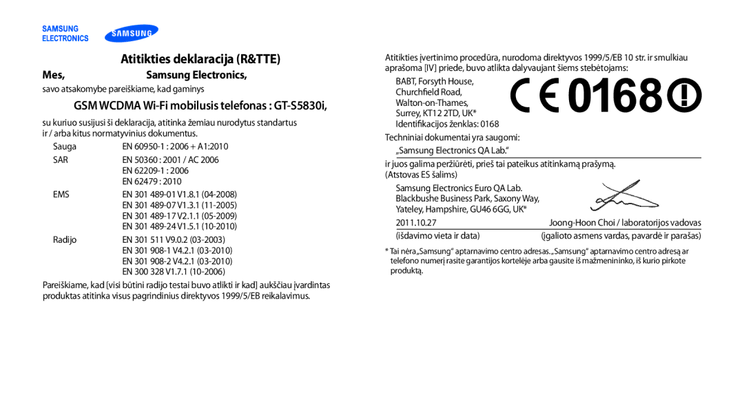 Samsung GT-S5830UWZSEB, GT-S5830OKISEB manual Atitikties deklaracija R&TTE 