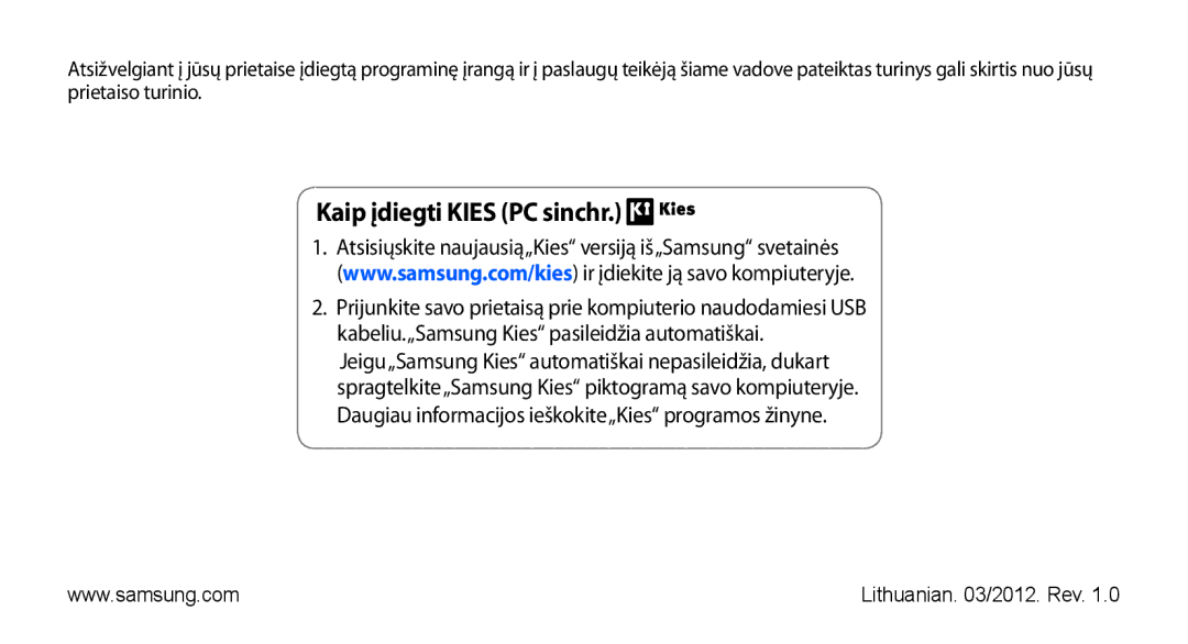 Samsung GT-S5830OKISEB, GT-S5830UWZSEB manual Kaip įdiegti Kies PC sinchr 