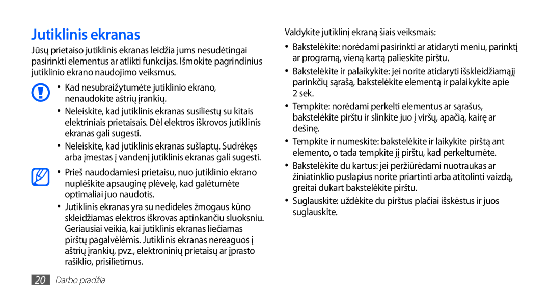 Samsung GT-S5830UWZSEB, GT-S5830OKISEB manual Jutiklinis ekranas, Valdykite jutiklinį ekraną šiais veiksmais 