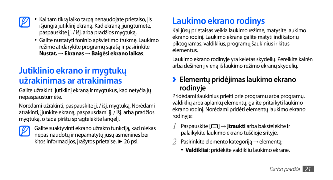 Samsung GT-S5830OKISEB, GT-S5830UWZSEB manual Laukimo ekrano rodinys, ››Elementų pridėjimas laukimo ekrano rodinyje 