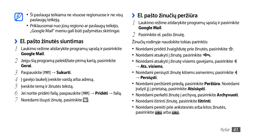 Samsung GT-S5830OKISEB, GT-S5830UWZSEB manual ››El. pašto žinutės siuntimas, ››El. pašto žinučių peržiūra 