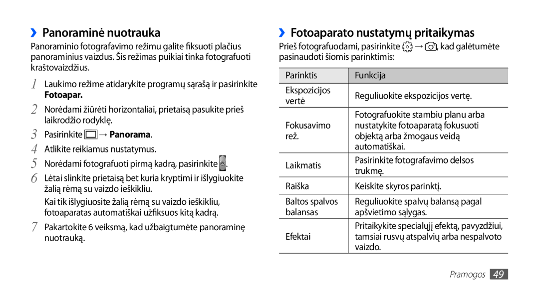 Samsung GT-S5830OKISEB, GT-S5830UWZSEB manual ››Panoraminė nuotrauka, ››Fotoaparato nustatymų pritaikymas 