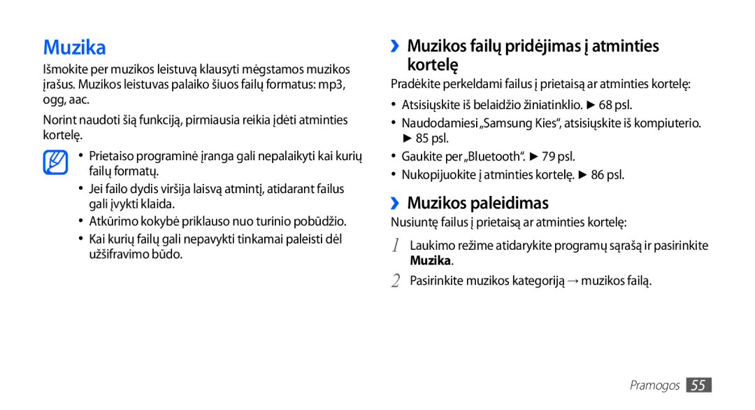 Samsung GT-S5830OKISEB, GT-S5830UWZSEB manual Muzika, ››Muzikos failų pridėjimas į atminties kortelę, ››Muzikos paleidimas 