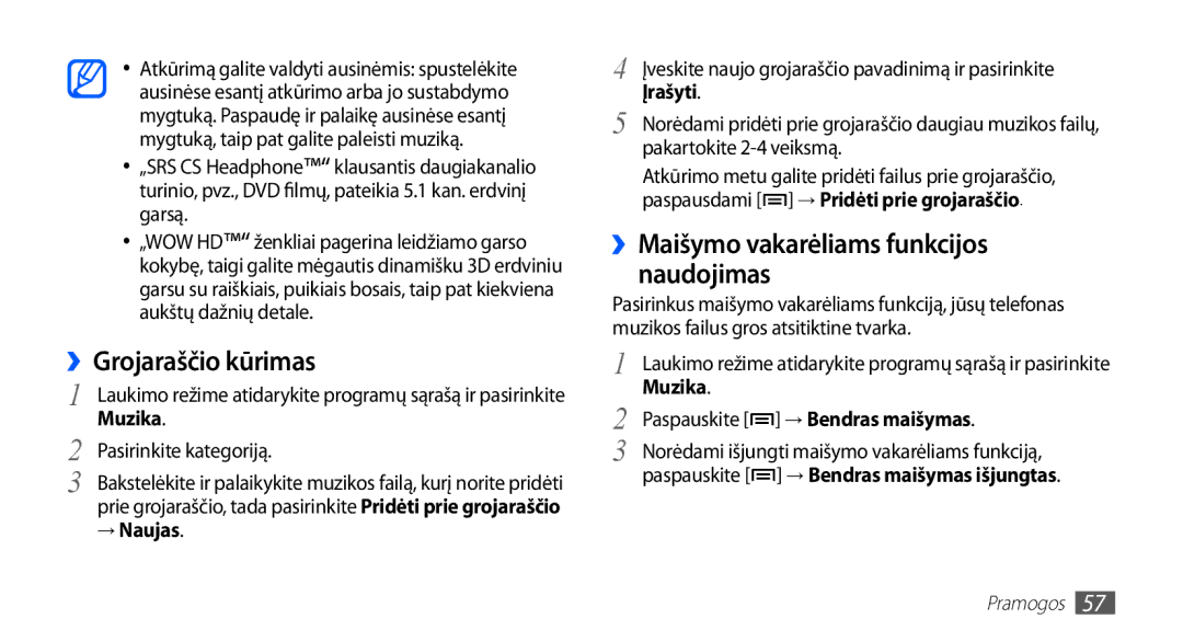 Samsung GT-S5830OKISEB manual ››Grojaraščio kūrimas, ››Maišymo vakarėliams funkcijos naudojimas, Muzika, → Naujas, Įrašyti 