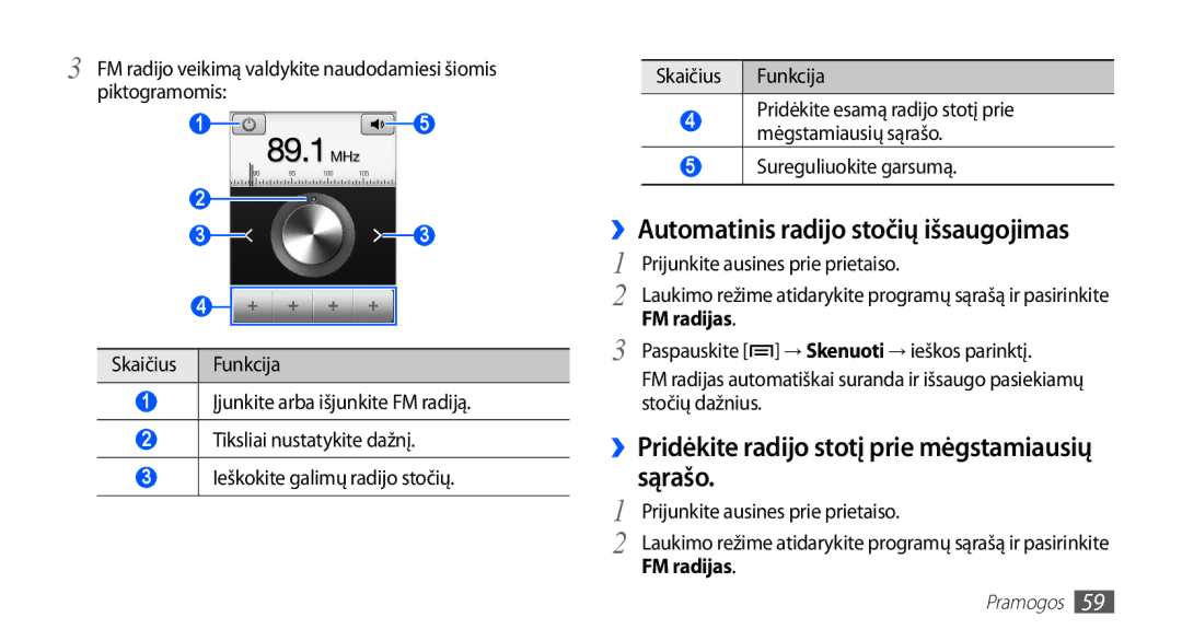 Samsung GT-S5830OKISEB manual ››Automatinis radijo stočių išsaugojimas, ››Pridėkite radijo stotį prie mėgstamiausių sąrašo 