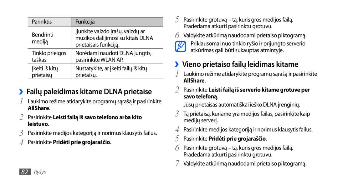 Samsung GT-S5830UWZSEB manual ››Vieno prietaiso failų leidimas kitame, ››Failų paleidimas kitame Dlna prietaise, Leistuvo 