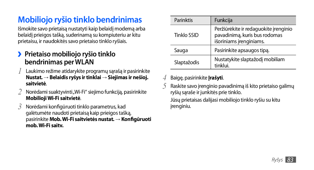 Samsung GT-S5830OKISEB manual Mobiliojo ryšio tinklo bendrinimas, ››Prietaiso mobiliojo ryšio tinklo Bendrinimas per Wlan 