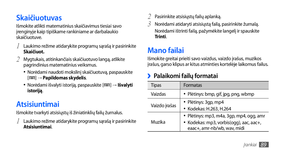 Samsung GT-S5830OKISEB, GT-S5830UWZSEB manual Skaičiuotuvas, Atsisiuntimai, Mano failai 