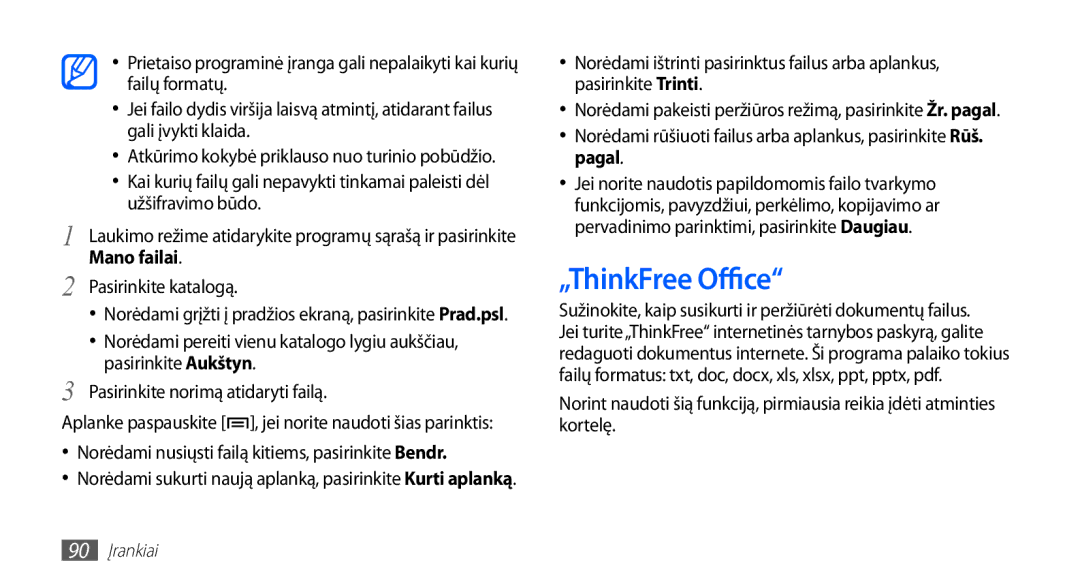 Samsung GT-S5830UWZSEB, GT-S5830OKISEB manual „ThinkFree Office, Mano failai, Pasirinkite katalogą 