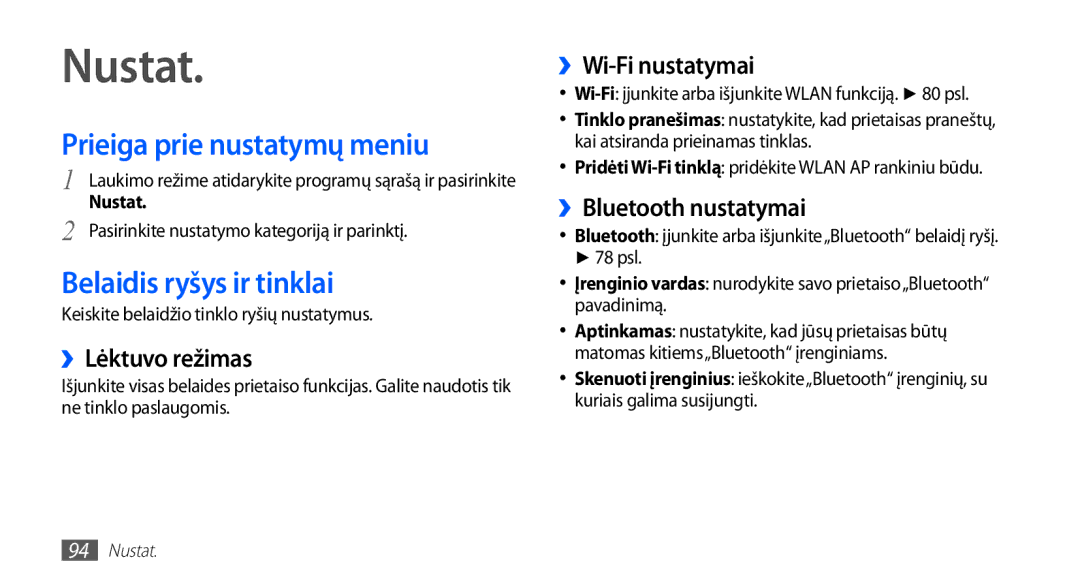 Samsung GT-S5830UWZSEB, GT-S5830OKISEB manual Nustat, Prieiga prie nustatymų meniu, Belaidis ryšys ir tinklai 