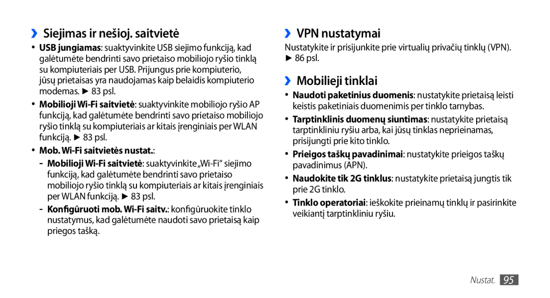 Samsung GT-S5830OKISEB, GT-S5830UWZSEB manual ››Siejimas ir nešioj. saitvietė, ››VPN nustatymai, ››Mobilieji tinklai, 86 psl 