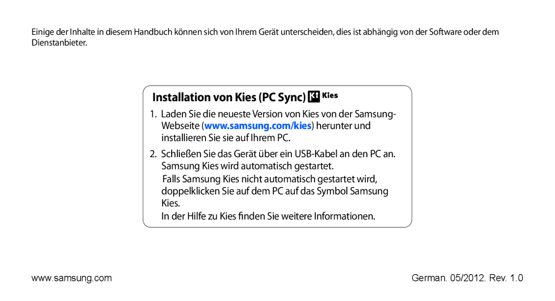 Samsung GT-S5839UWITCL, GT-S5839OKIDTR, GT-S5839OKITCL, GT-S5839OKIDTM, GT-S5839OKIVD2 manual Installation von Kies PC Sync 