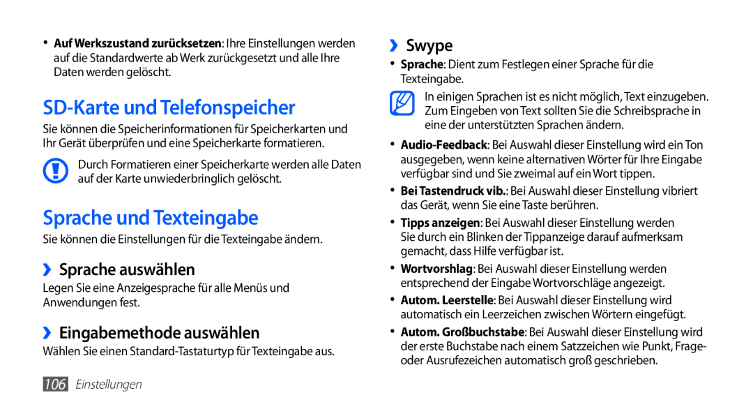 Samsung GT-S5839UWISFR, GT-S5839OKIDTR SD-Karte und Telefonspeicher, Sprache und Texteingabe, ››Sprache auswählen, ››Swype 