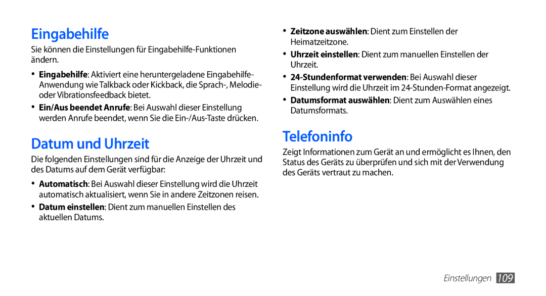 Samsung GT-S5839OKIDTR, GT-S5839UWITCL, GT-S5839OKITCL, GT-S5839OKIDTM manual Eingabehilfe, Datum und Uhrzeit, Telefoninfo 