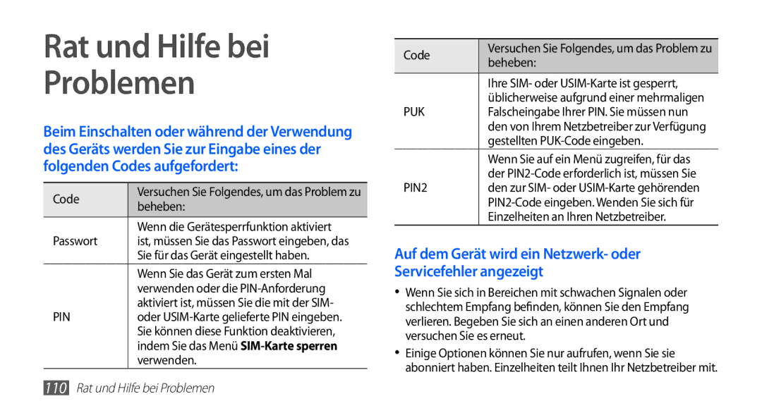 Samsung GT-S5839UWITCL, GT-S5839OKIDTR, GT-S5839OKITCL, GT-S5839OKIDTM, GT-S5839OKIVD2 manual Rat und Hilfe bei Problemen 