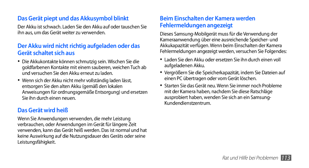 Samsung GT-S5839OKIVD2, GT-S5839OKIDTR, GT-S5839UWITCL, GT-S5839OKITCL manual Das Gerät piept und das Akkusymbol blinkt 